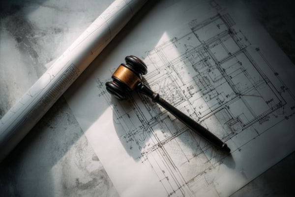 overhead view of a legal gavel on blueprints