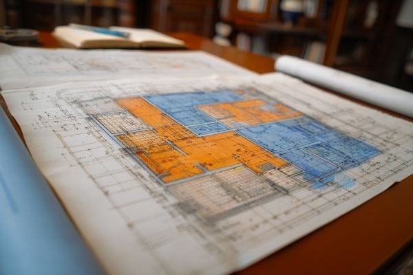orange and blue house blueprints on a drafting table