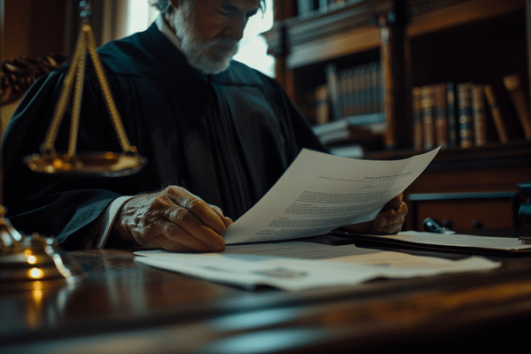 A judge in a robe reviews paperwork at his office desk