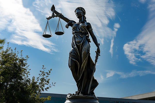 A blindfolded lady of justice statue against a bright blue sky 