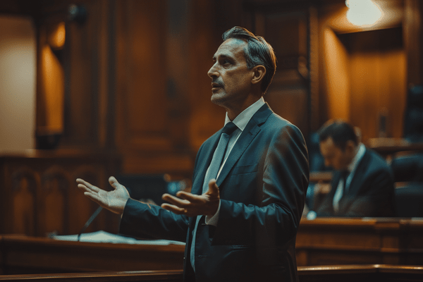 A lawyer stands while talking to the people in a courtroom