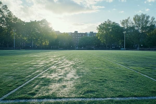 damaged green turf on a university athletic field