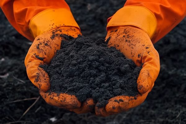 Hands in orange gloves hold up a pile of contaminated soil