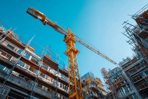 view looking up at a yellow crane, scaffolding around a building under construction in front of a blue sky