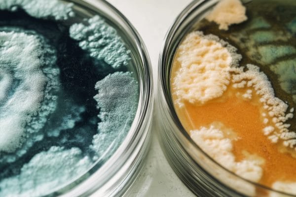 A close-up image of two petri dishes with different colors of mold in them