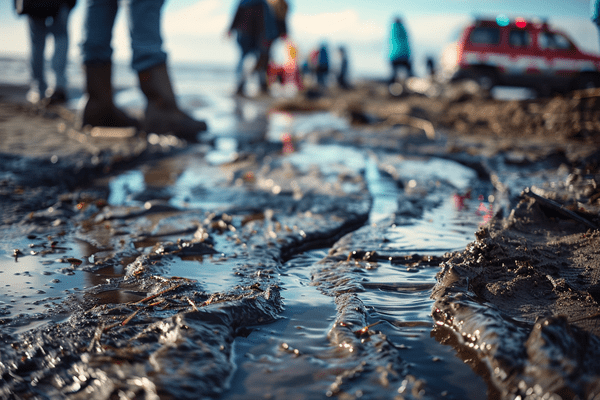 A close-up image of oil in mud with people in boots nearby