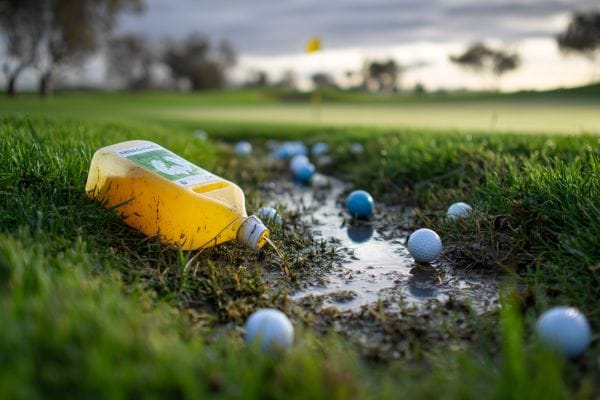 pesticide liquid pouring out of a yellow container into a puddle surrounded by golf balls on a golf course