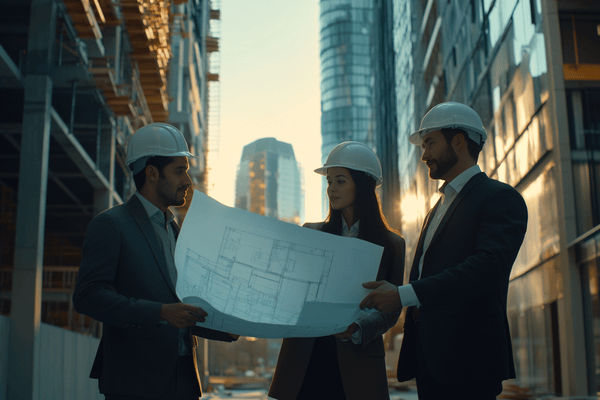 Three business professionals wear hard hats while viewing a blueprint on a city construction site