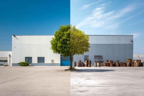 warehouse with half clean, healthy, and a green tree and the other half with old rusted chemical barrels and a dying tree