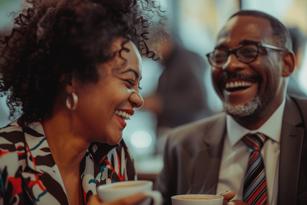 Two coworkers laugh with each other while drinking coffee in the office