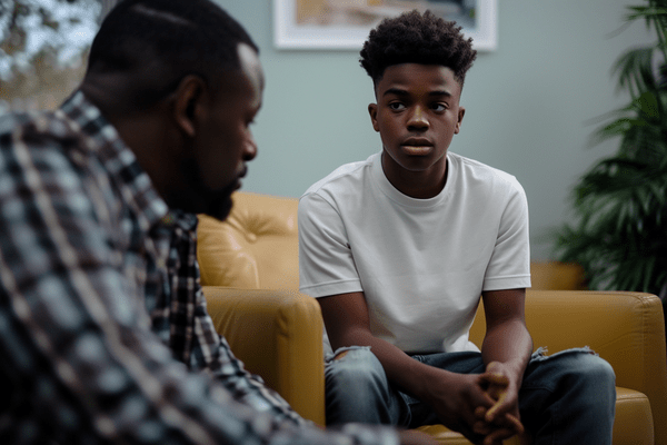 A father and his teenage son sit on soft chairs in a mental health office