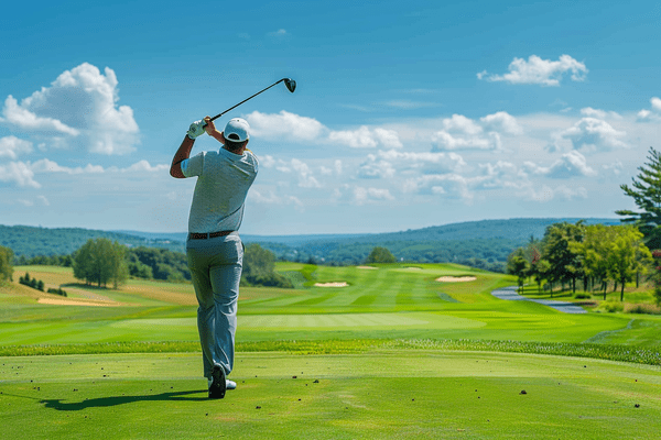 A man looking at his drive after swinging on a golf course