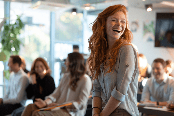 A business woman laughs with her coworkers in the office