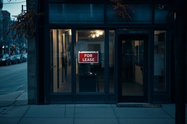 Sign with words "FOR LEASE" in the window of a retail store