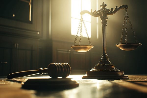 A gavel and scales of justice sitting next to each other in a beam of sunlight