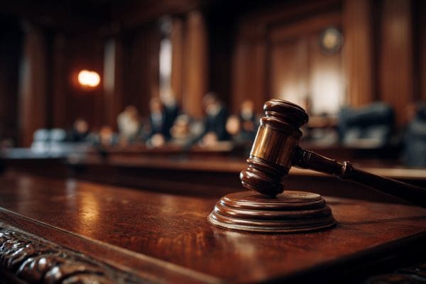 gavel in a courtroom with blurred people in the background