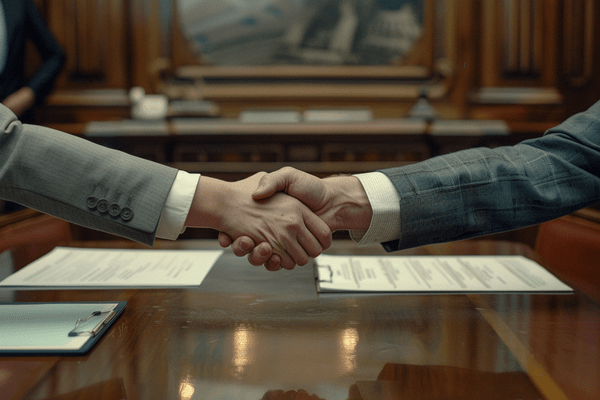 Two business professionals shake hands over paperwork on a wooden desk
