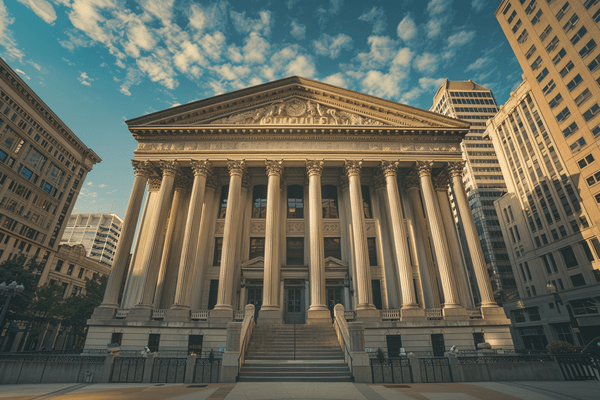 Front view of a columned courthouse in a the middle of a city