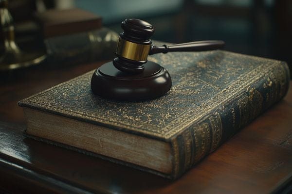 A gavel on an ancient book