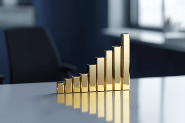 A three-dimensional set of golden bars lined up in graph format on an office desk