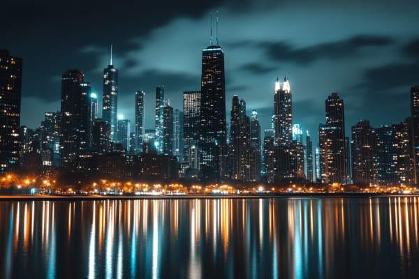 Chicago skyline at night over the water