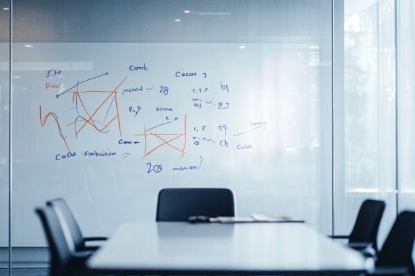 whiteboard in professional office with orange and blue math symbols written on it