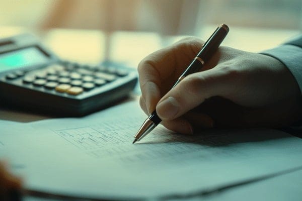 A business professional using a pen to write on a form with a calculator nearby