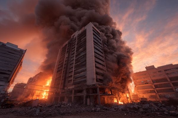 building on fire surrounded by debris after an earthquake