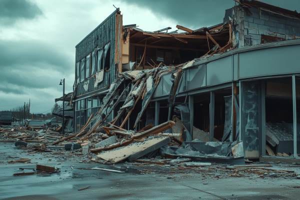 A majorly wind-damaged commercial building