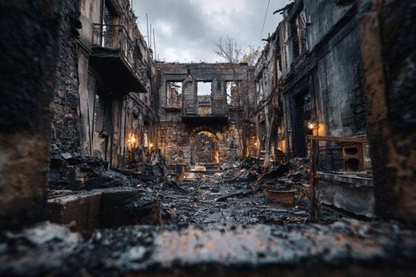stone building that has been destroyed by fire