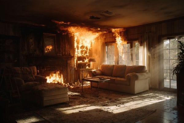 fire-damaged living room with flames still burning on the walls and window