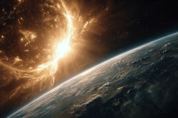 oversized sun with solar flares extremely close to Earth