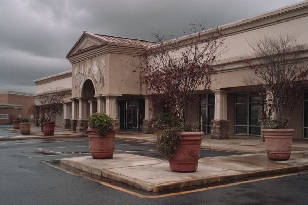 Vacant commercial retail building with dying plants in planters out front on an overcast day