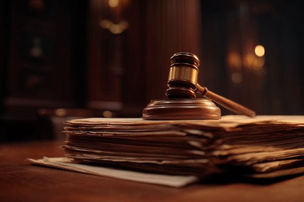 judicial gavel on a stack of papers in a courtroom