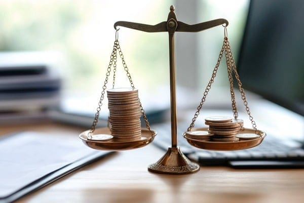 A balance scale with coins being weighed sitting on a desk