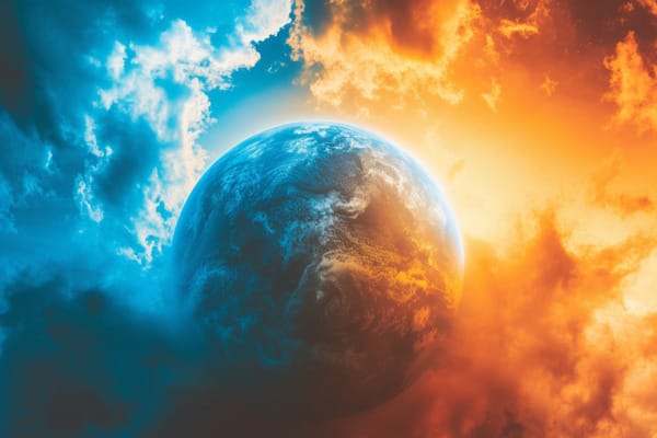 Red and orange clouds surround the planet Earth