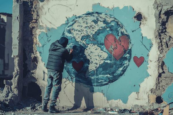 An artist works on a mural of the world with cracked hearts on a destroyed wall