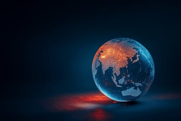A globe shows Asia against a dark background with orange and red lights glowing