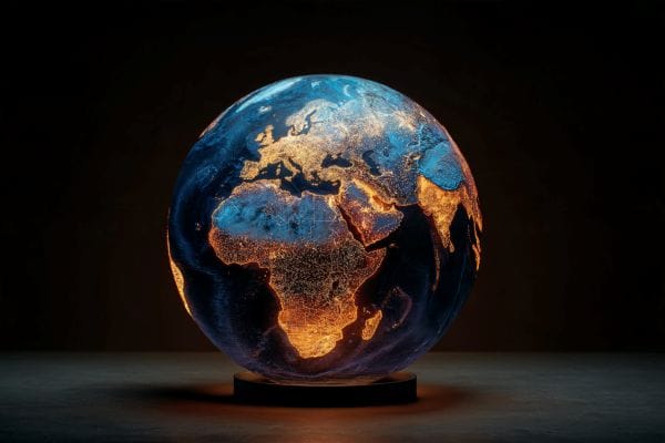 blue and orange glowing globe turned to show Europe and Africa, sitting on a black disc