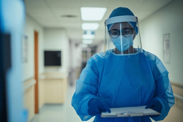 A doctor dressed in full personal protective equipment reviews paperwork in a hospital hallway