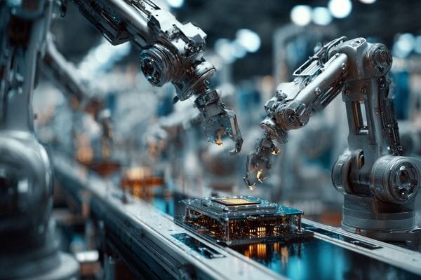 robotic arms working on a microchip on an assembly line