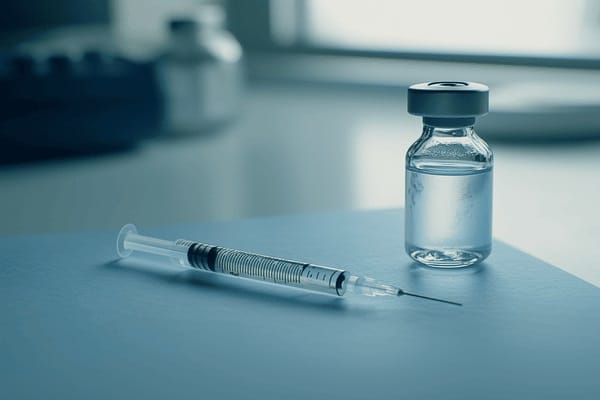 A syringe laying next to a glass vaccine bottle in a doctor's office