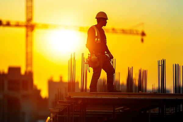 A construction worker and crane silhouetted by the setting sun