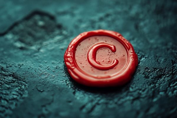 A red wax seal copyright symbol on black asphalt