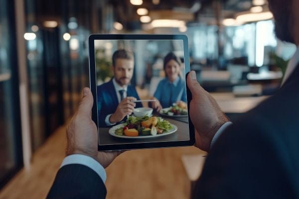 man holding a tablet showing a photo of two people eating at a restaurant