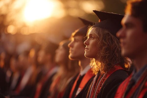 college graduates looking towards the stage during a sunset graduation ceremony