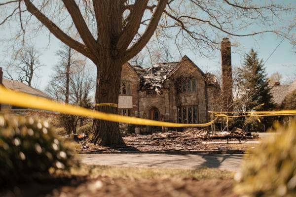 a burned upscale stone house, cordoned off with yellow tape