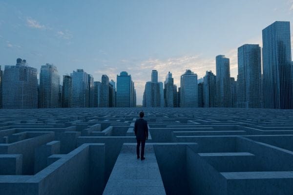 businessman standing at a concrete maze with tall commercial buildings in the distance