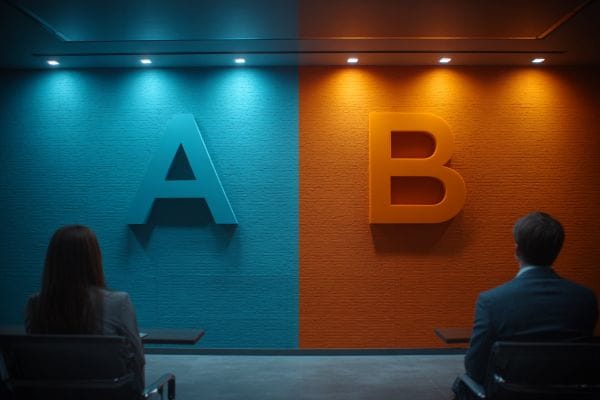 Two business people looking at a blue wall with an A and an orange wall with a B