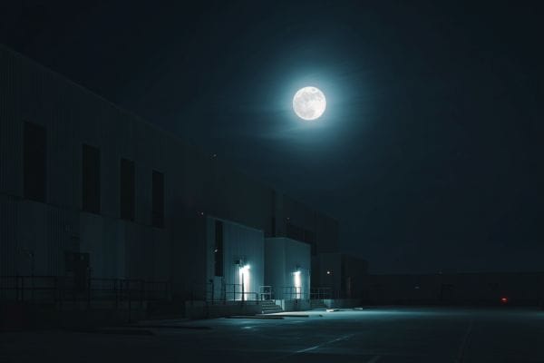darkened data center with no lights except two security lights, under a full moon.